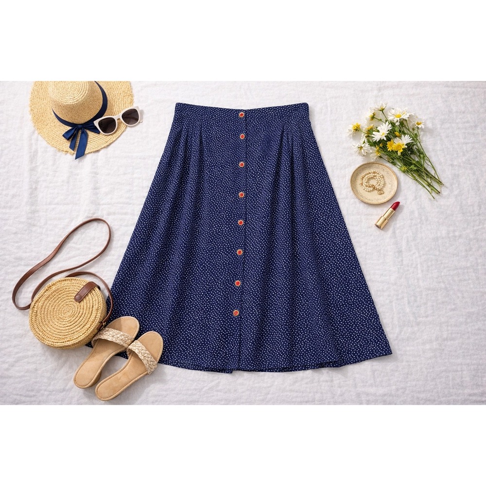 Kathie Lee Vintage 90s Navy‎ Polka Dot Button Front Midi Skirt Pockets 22W